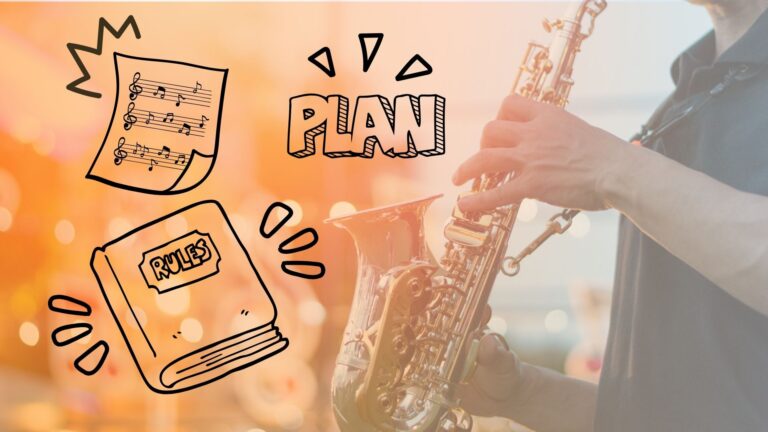 A person playing a saxophone meets graphics of a rulebook, sheet music and the word "PLAN"