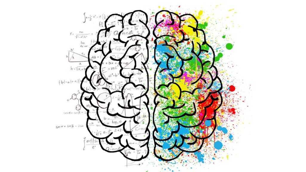 A drawing of a brain where the right side is overlaid with numbers and math equations and the right side is overlaid with artistic color splatters.